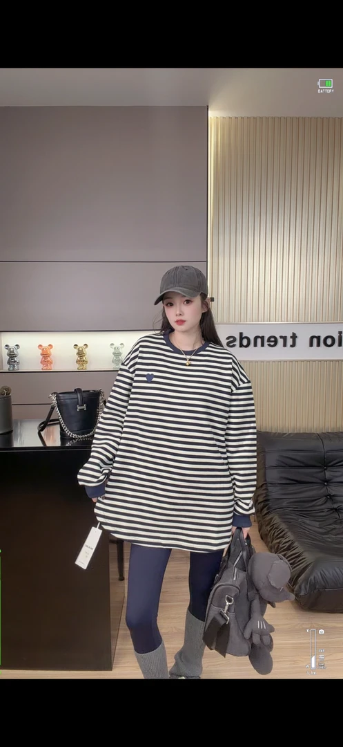 时尚百搭加厚双面糯米绒爱心条纹中长款T恤衫宽松宽松显瘦