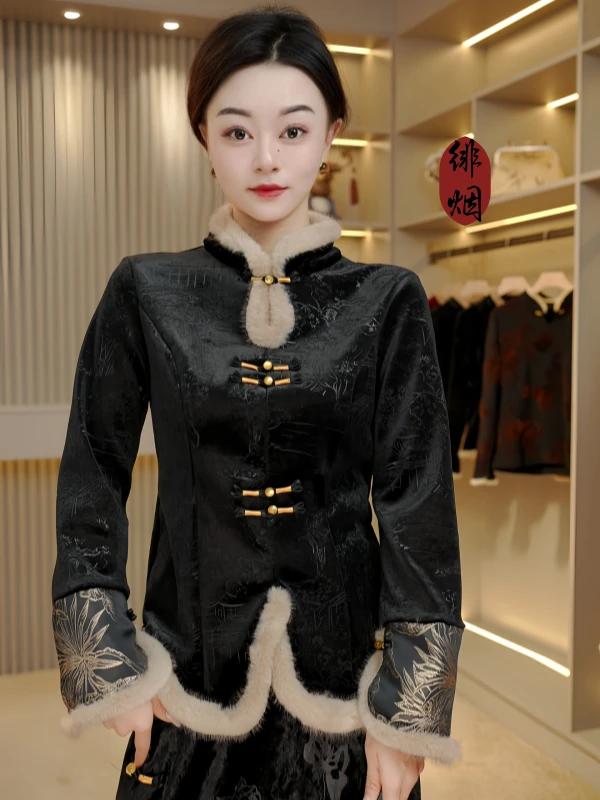 【兰心】2025新款复古加绒中国风时尚短款拼接女装T恤上衣