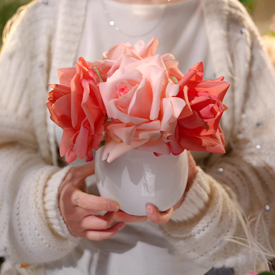 粉色手感玫瑰花仿真花餐桌茶几装饰摆件