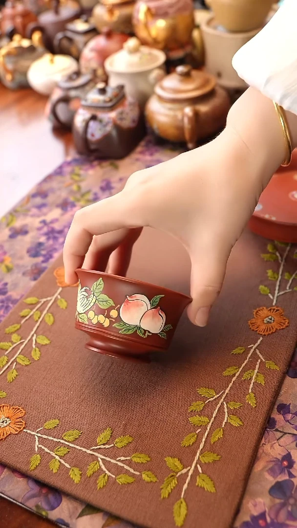 茶壶紫砂朱泥大红袍马蹄杯 寿桃