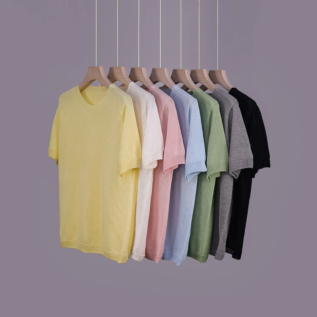 女夏季短袖夏季薄款毛针织衫显瘦弹力时髦休闲风