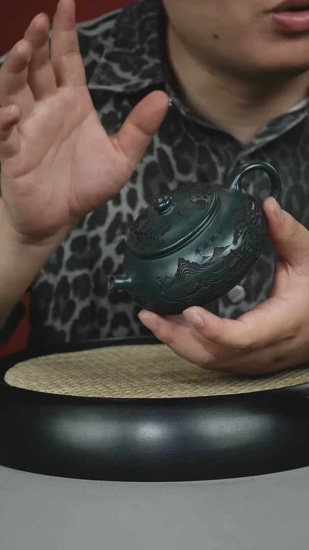 茶壶紫砂苏门答腊青 寒江 刻绘山水