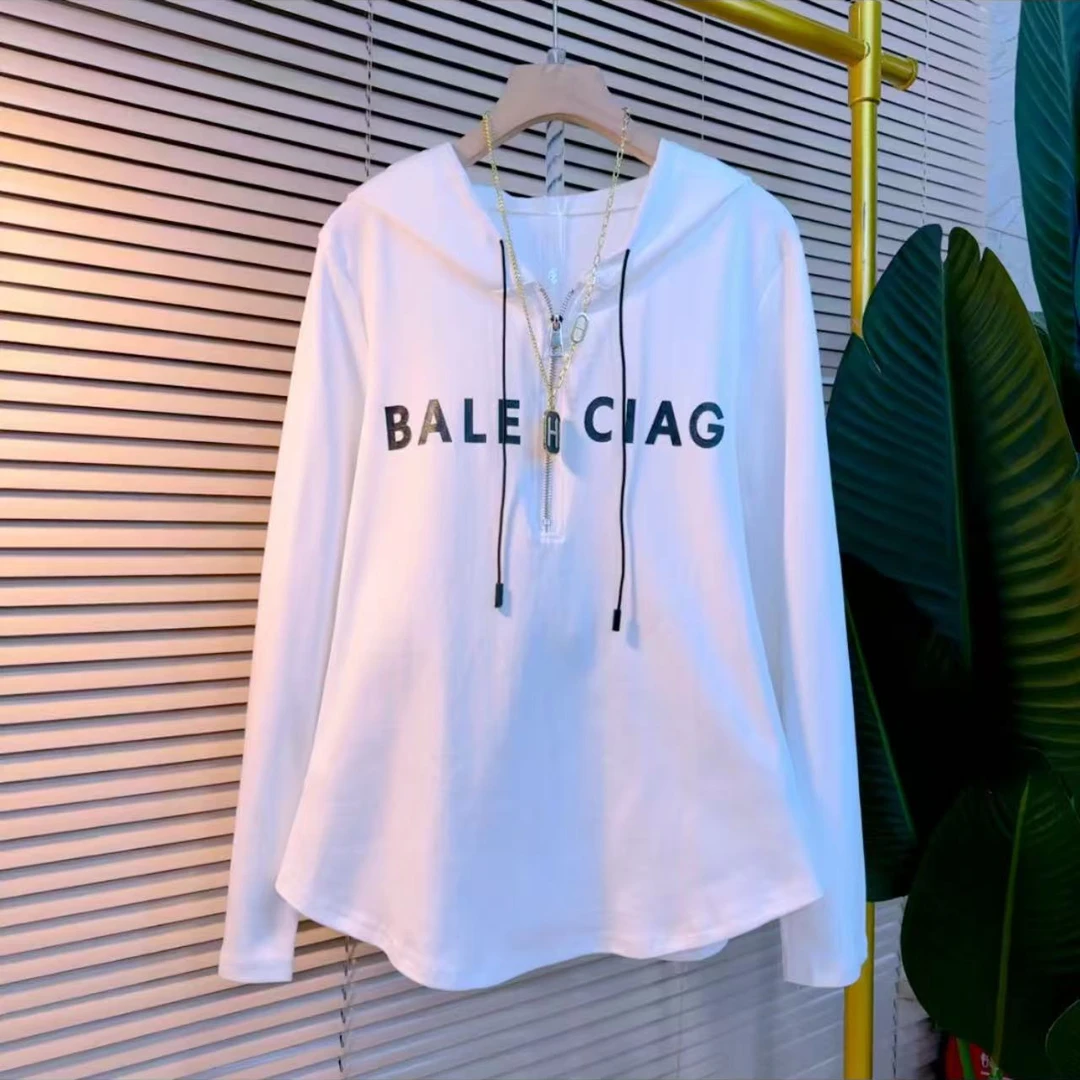 春季新款大码女装欧洲站字母连帽宽松潮流休闲时尚洋气减龄百搭衫