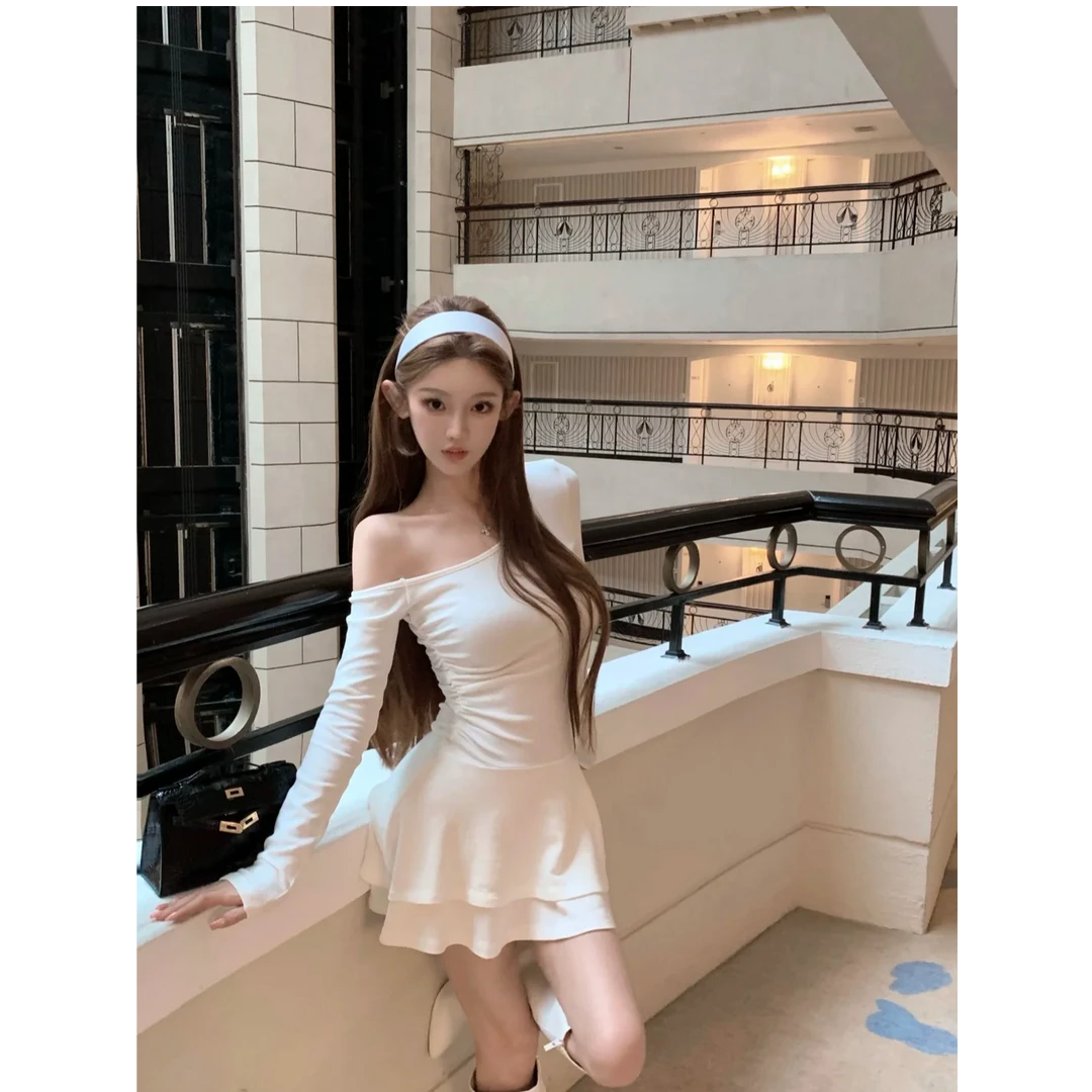 【纯欲内搭天才】韩系甜美少女时尚高级感双层斜肩连衣裙显瘦短裙女