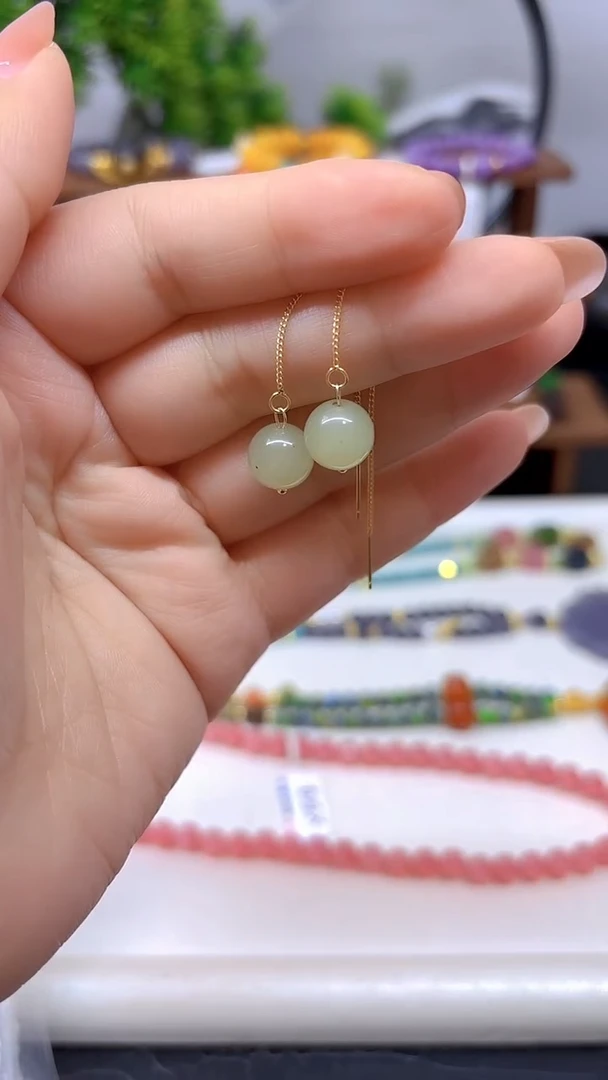 银S925镀金镶嵌和田玉耳饰E723