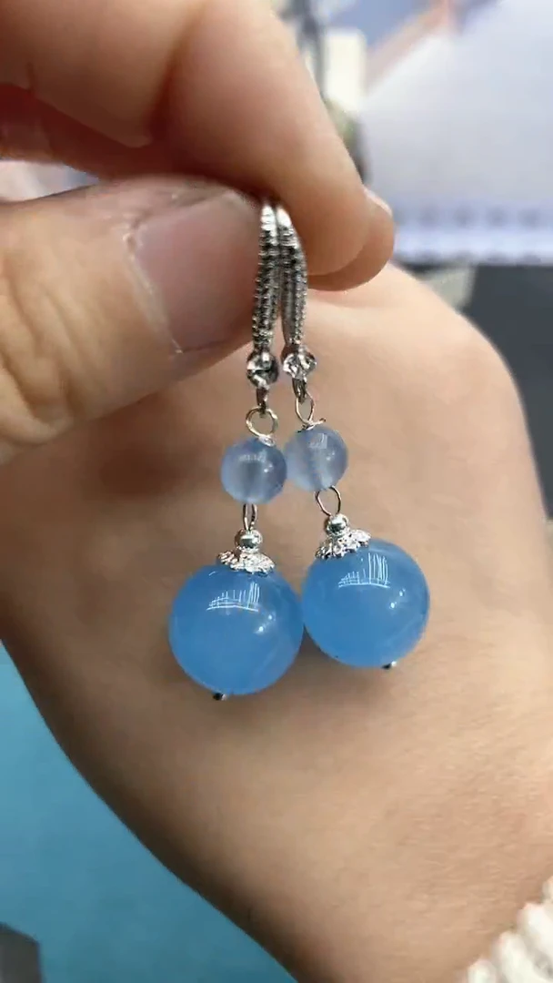 【闪购商品】海蓝宝石耳坠银S925镶嵌海蓝双珠耳钩H2