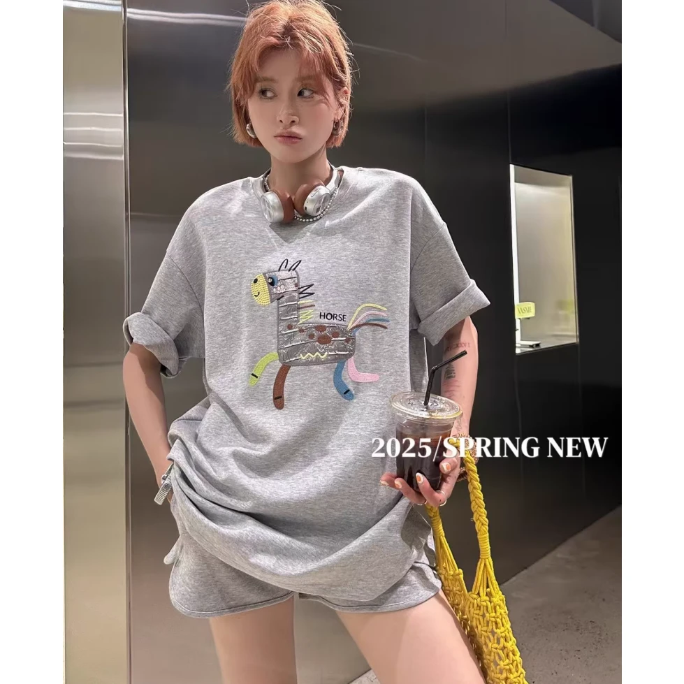 欧洲站2025夏季新款彩虹刺绣小马重工大版宽松时尚百搭短袖T恤女