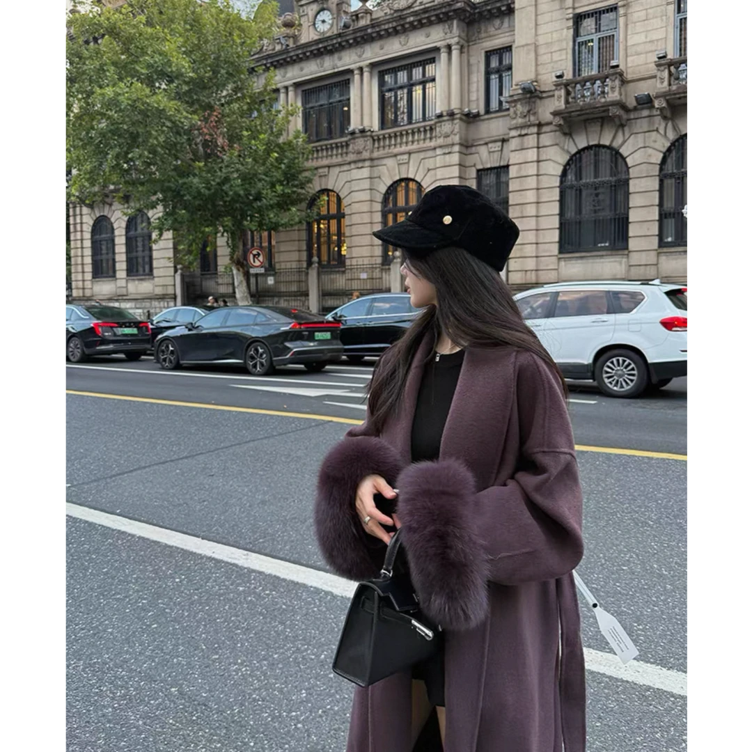 高端双面大衣皮草大衣女长款收腰显瘦浴袍款S811132