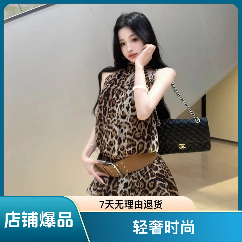 豹纹飘带挂脖连衣裙女夏季显瘦收腰无袖裙子雪纺a字短裙轻奢时尚