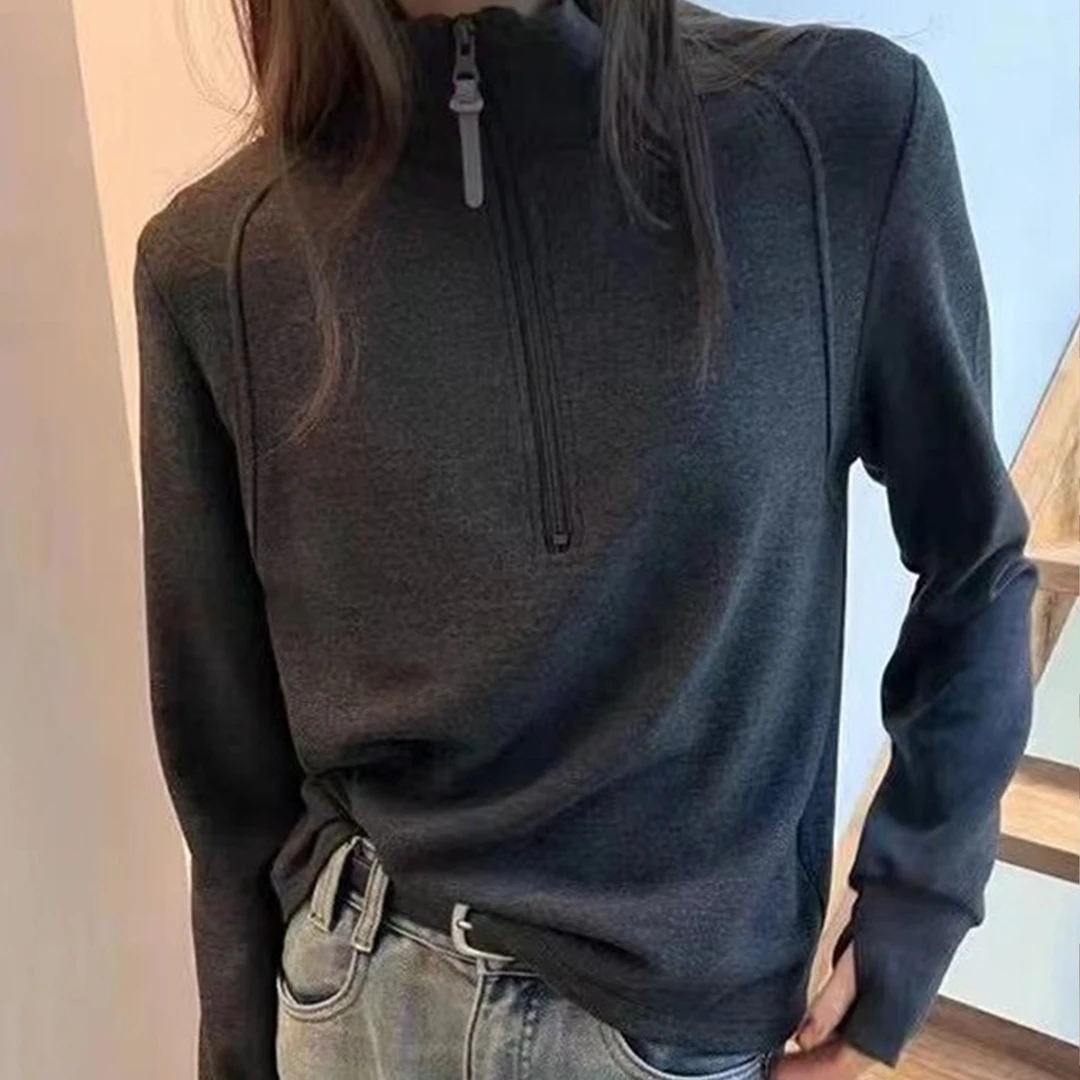 半开胸拉链立领卫衣女秋冬爆款正肩显瘦洋气翻领打底衫减龄上衣潮