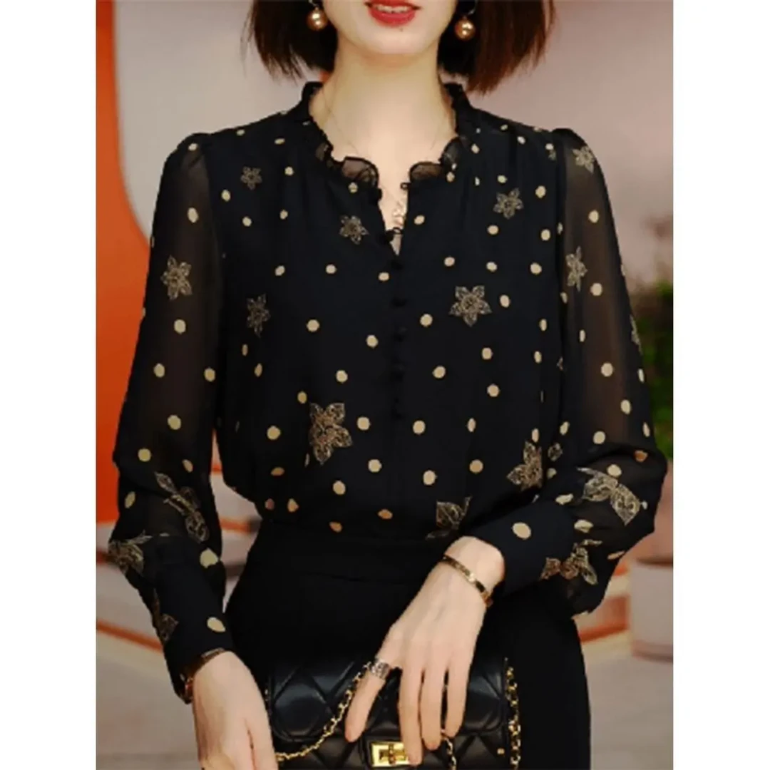 X高端时尚百搭波点雪纺长袖上衣春季新款洋气显瘦设计感印花小衫