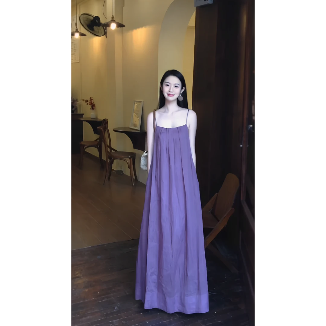 MARIE.COCO氛围感清冷风禅意紫色吊带连衣裙女松弛感气质露背长裙