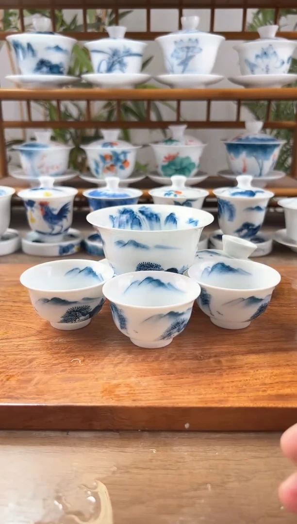 微瑕千里江山180ml內绘三才盖碗+中和顺杯3个