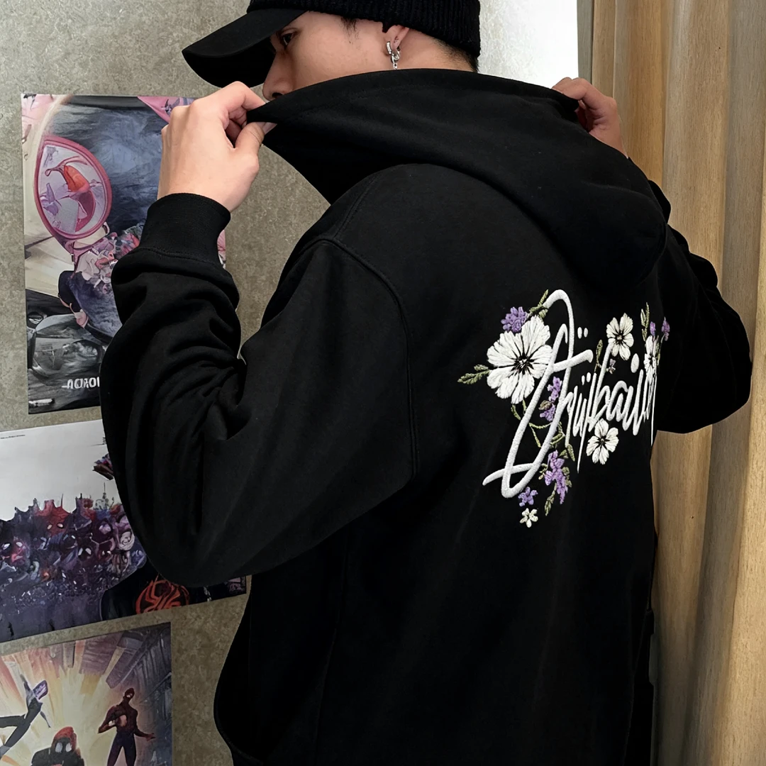 秋冬新款重磅连帽卫衣男款国潮花卉高级感男装潮牌宽松休闲卫衣