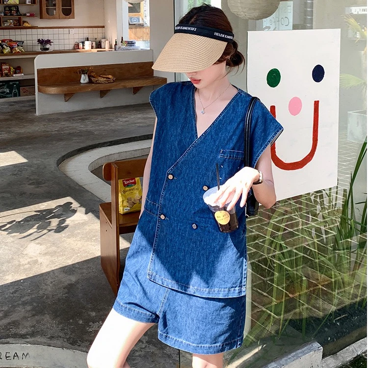 Neo Studio 港风复古牛仔连体设计感薄款宽松假两件V领连衣裤