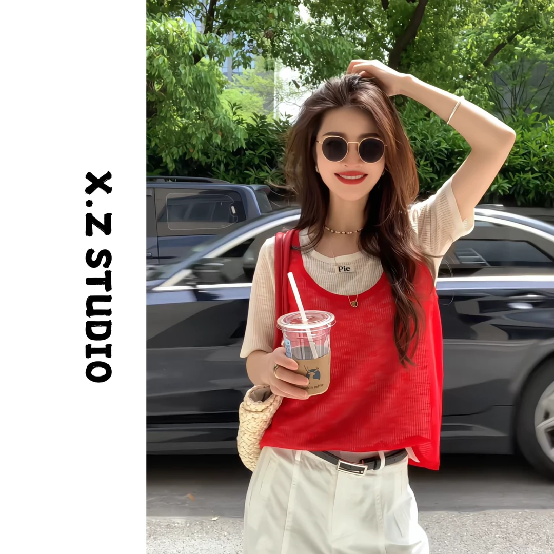 X.ZHEN【简约真两件】新款时尚两件套套装女休闲麻纱撞色背心+短袖