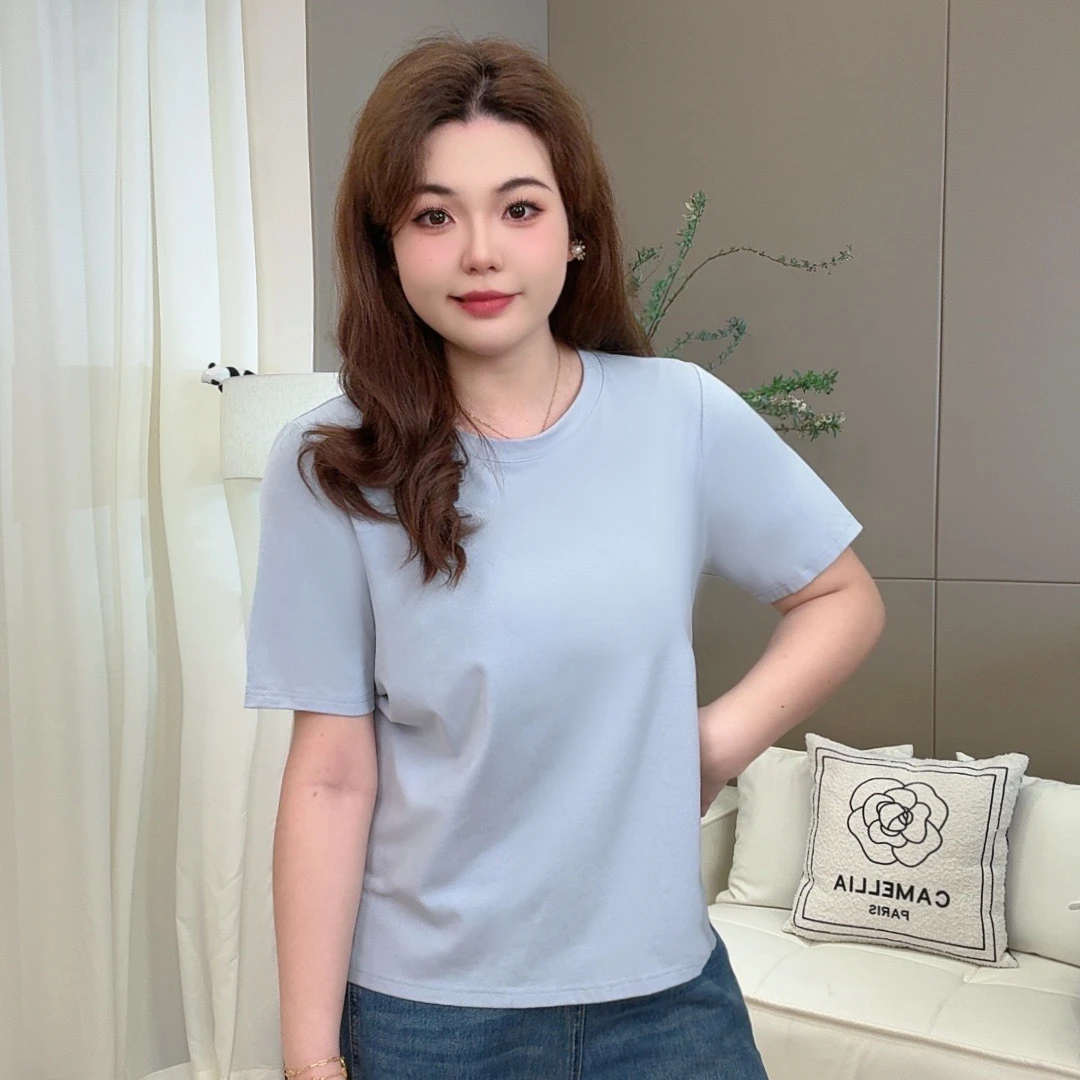 2025春夏新款大码女装胖mm纯色正肩短袖T恤简约百搭遮肉减龄上衣