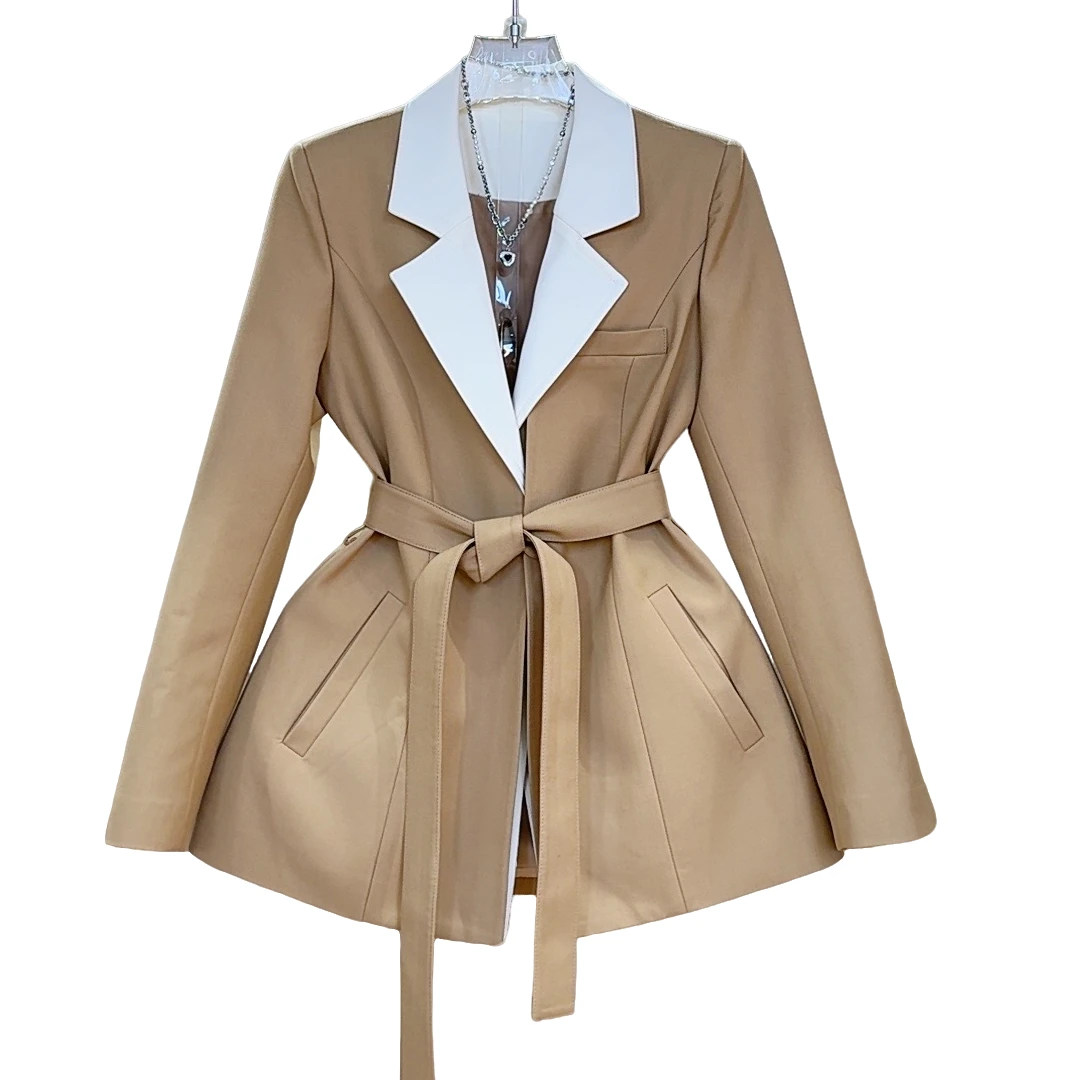 FIFI轻奢 2025早春新款 女士卡其显瘦拼色西装收腰外套百搭气质