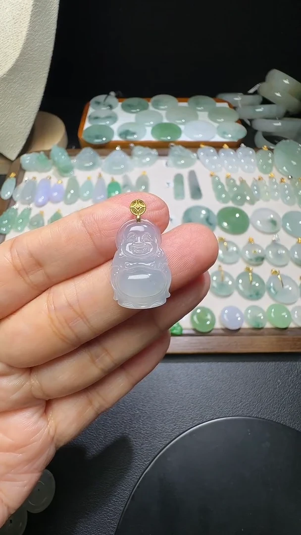 吊坠(不含链)18K金镶嵌翡翠站佛