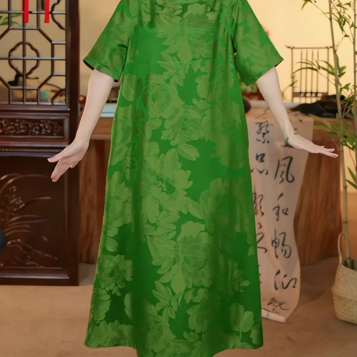 芹 新中式风 绿色香云纱连衣裙 24978