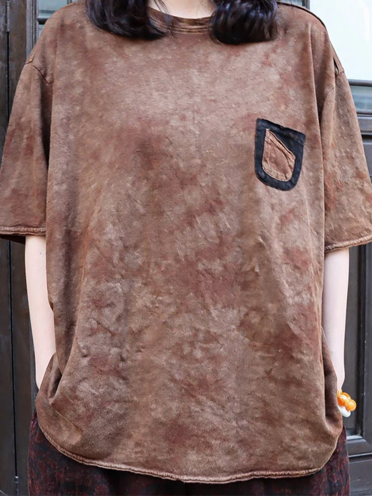 麻依者棉麻植物染色做旧衫贴布单口袋宽松套头衫文艺体恤1010