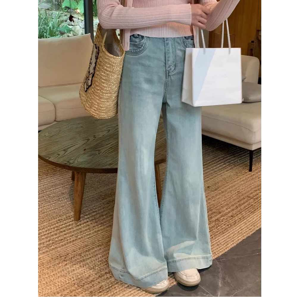 【孤品捡漏直接拍】浅蓝色水洗做旧微喇牛仔裤高腰显瘦宽松不贴腿长