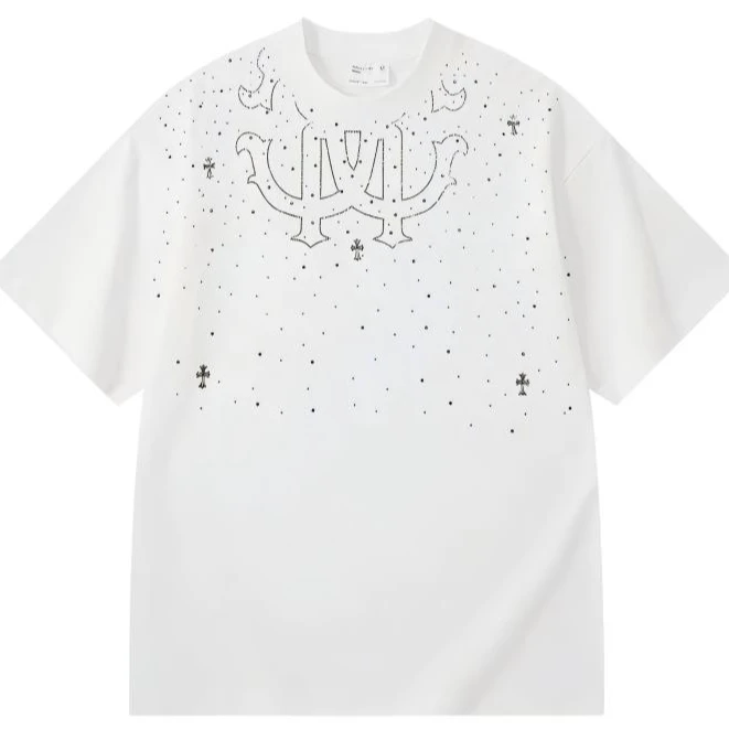 重磅烫钻男女同款纯棉T恤宽松潮流印花情侣透气圆领短袖