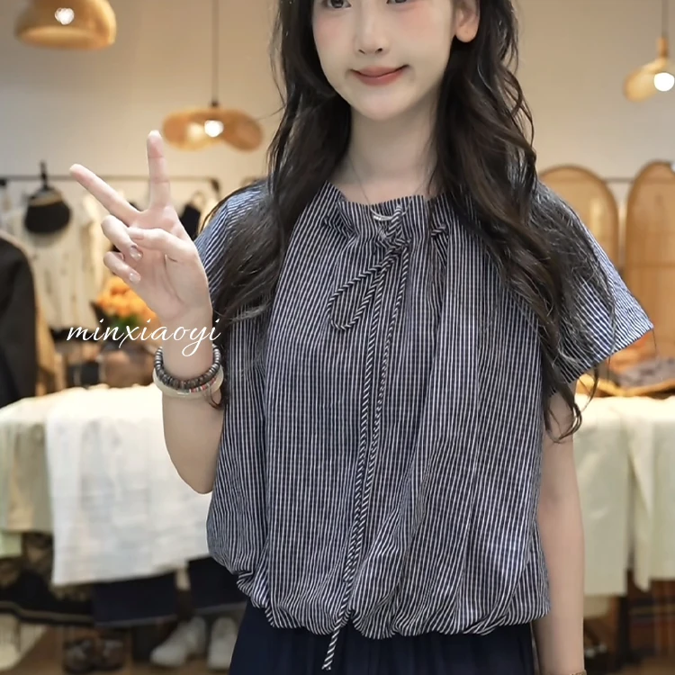 【闵笑一】恋恋海 小飞袖娃娃衫条纹衬衫女夏新款韩系花苞上衣