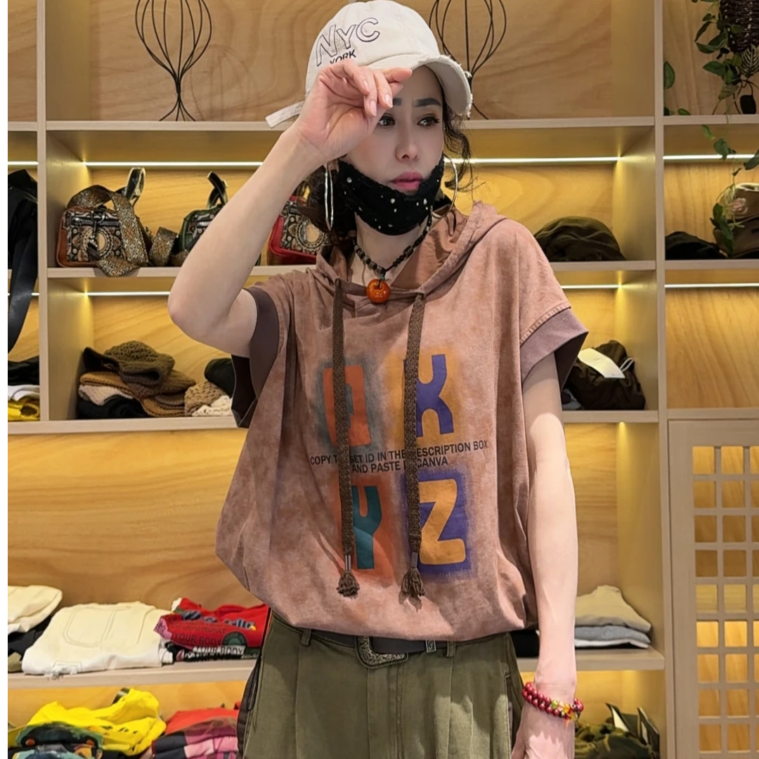 13809夏款减龄百搭宽松水洗泼墨复古字母连帽抽绳T恤