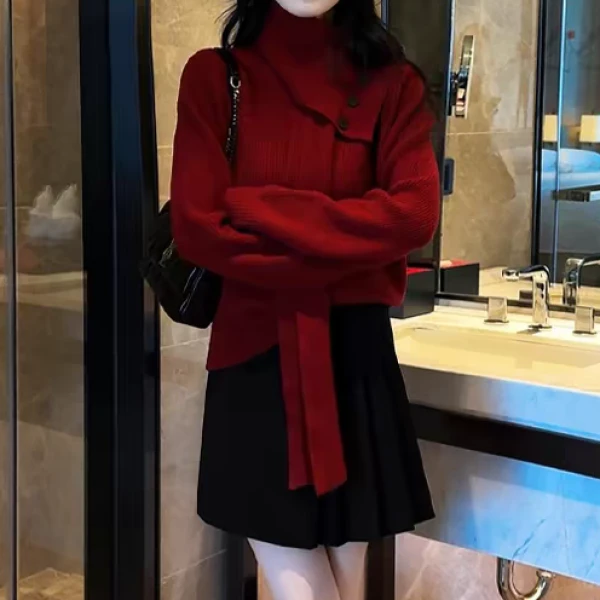 时尚套装裙女秋冬新款可拆卸围巾毛衣+百褶短裙小个子洋气两件套