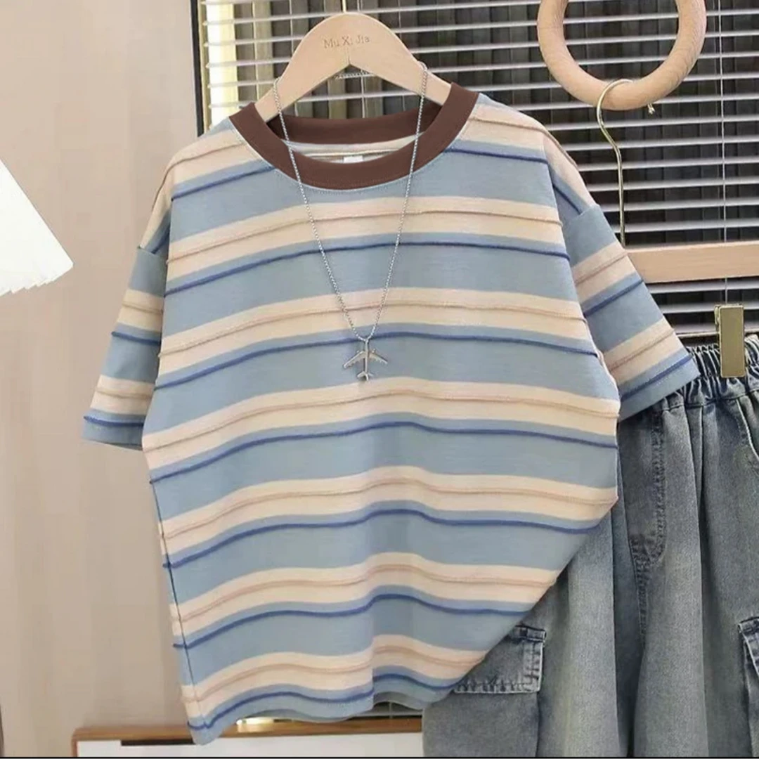 男女童夏装T恤2025新款中大童夏季男女孩夏款条纹薄款套装牛仔裤