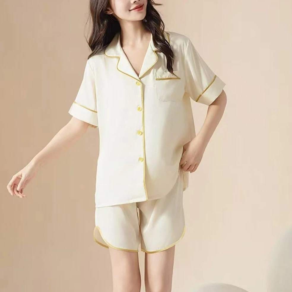 夏季高级感时尚舒适凉感缎面家居服短袖睡衣套装H5169