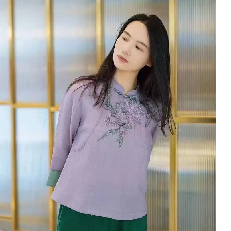 大吉新款重工刺绣袖口翻袖苎麻上衣3039