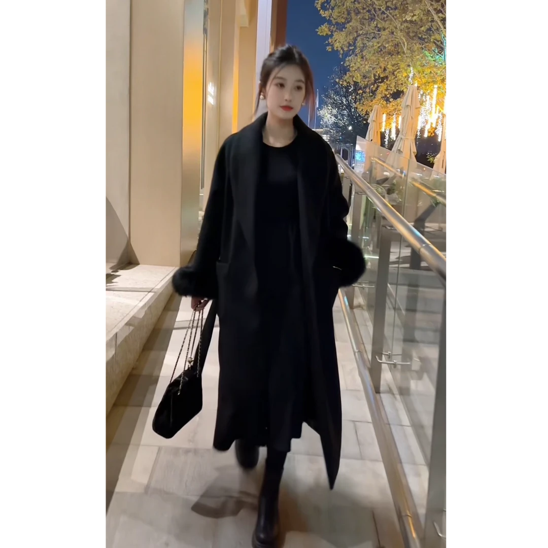 柏林之夜冬季新款浴袍款双面[羊毛]羽绒大衣芬兰狐狸毛长款外套