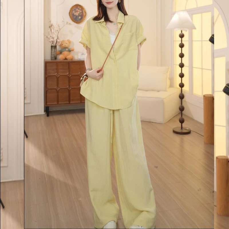 慵懒感休闲套装女2025新款夏季时尚气质宽松短袖衬衫直筒裤两件套