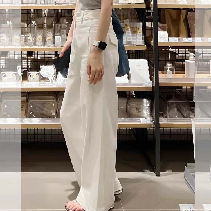白色高腰棉麻阔腿裤夏季女装高级感垂感直筒休闲裤宽松显瘦拖地裤