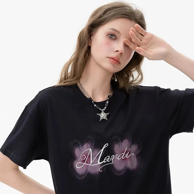 MARDI/玛尔帝字母刺绣休闲圆领短袖夏季新款小众轻奢印花纯棉T恤