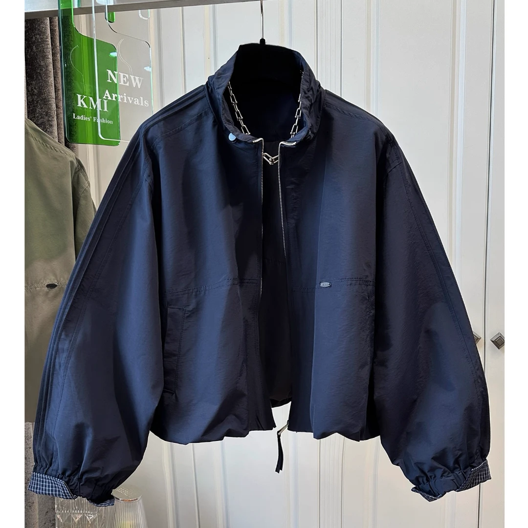 美式复古短款立领夹克外套女春秋季2025新款宽松薄款格子拼接上衣