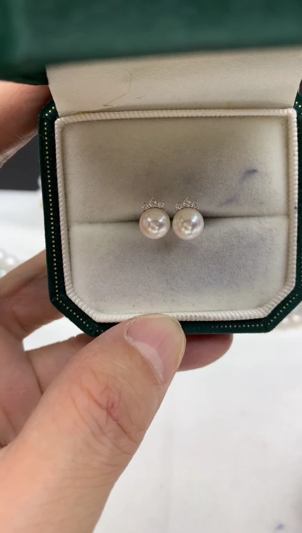 银S925镶嵌ff海水珍珠akoya白珠耳饰6~7mm