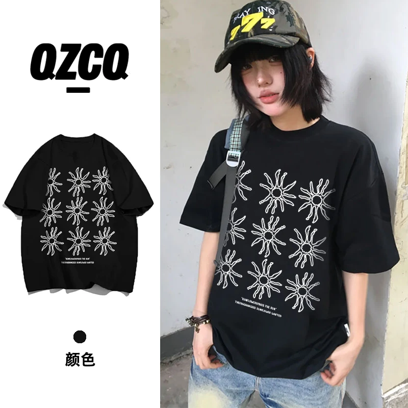 QZCQ美式SUN小众复古休闲宽松百搭夏季短袖T恤慵懒设计潮上衣圆领
