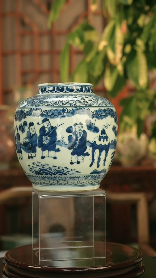 其他青花人物故事纹小罐一只