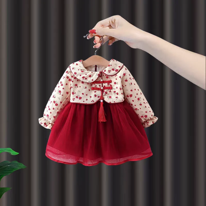 女宝宝秋季连衣裙小女童国风汉服周岁礼服婴儿春秋碎花公主裙洋气