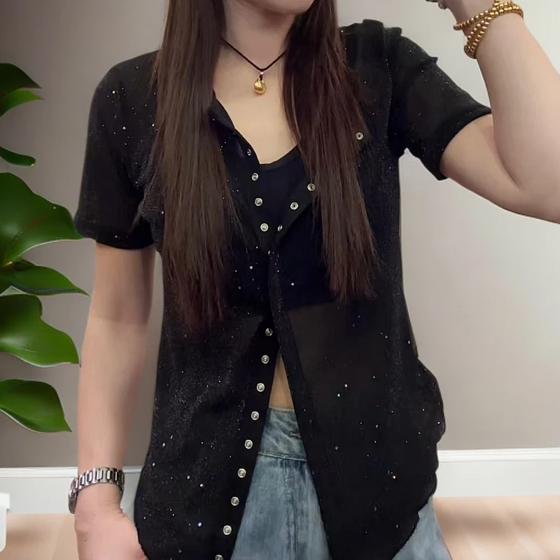 D#6839夏季百搭升级款修身两穿暗扣珠光纱半袖