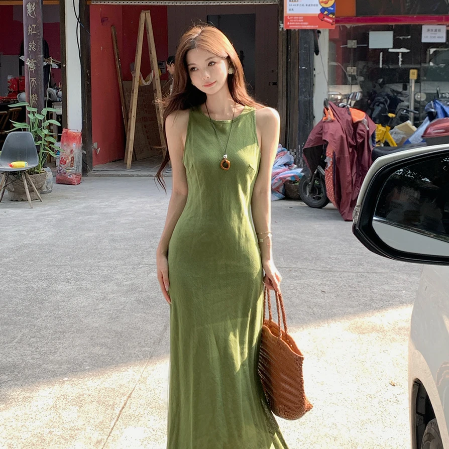 佐佐家小个子复古气质高级感无袖背心连衣裙夏季女收腰显瘦长裙子
