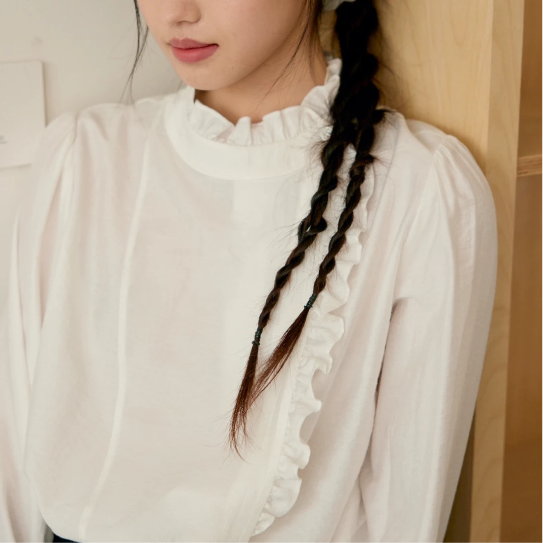 ZHANG&M1 法式复古白色花边立领斜扣长袖衬衫 881673