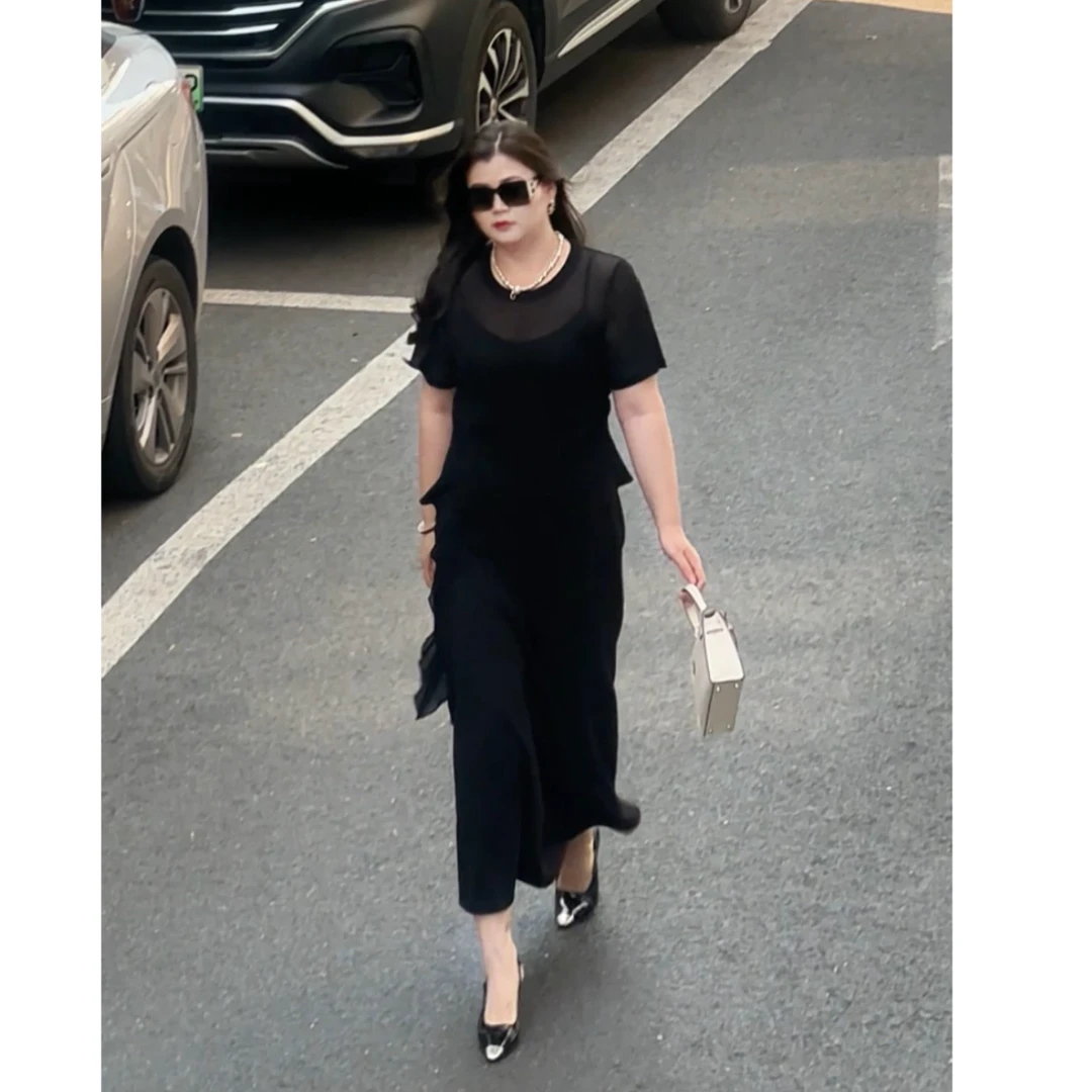 【小稳专属】微胖大码气质百搭网纱拼接短袖鱼尾裙套装51215123-1