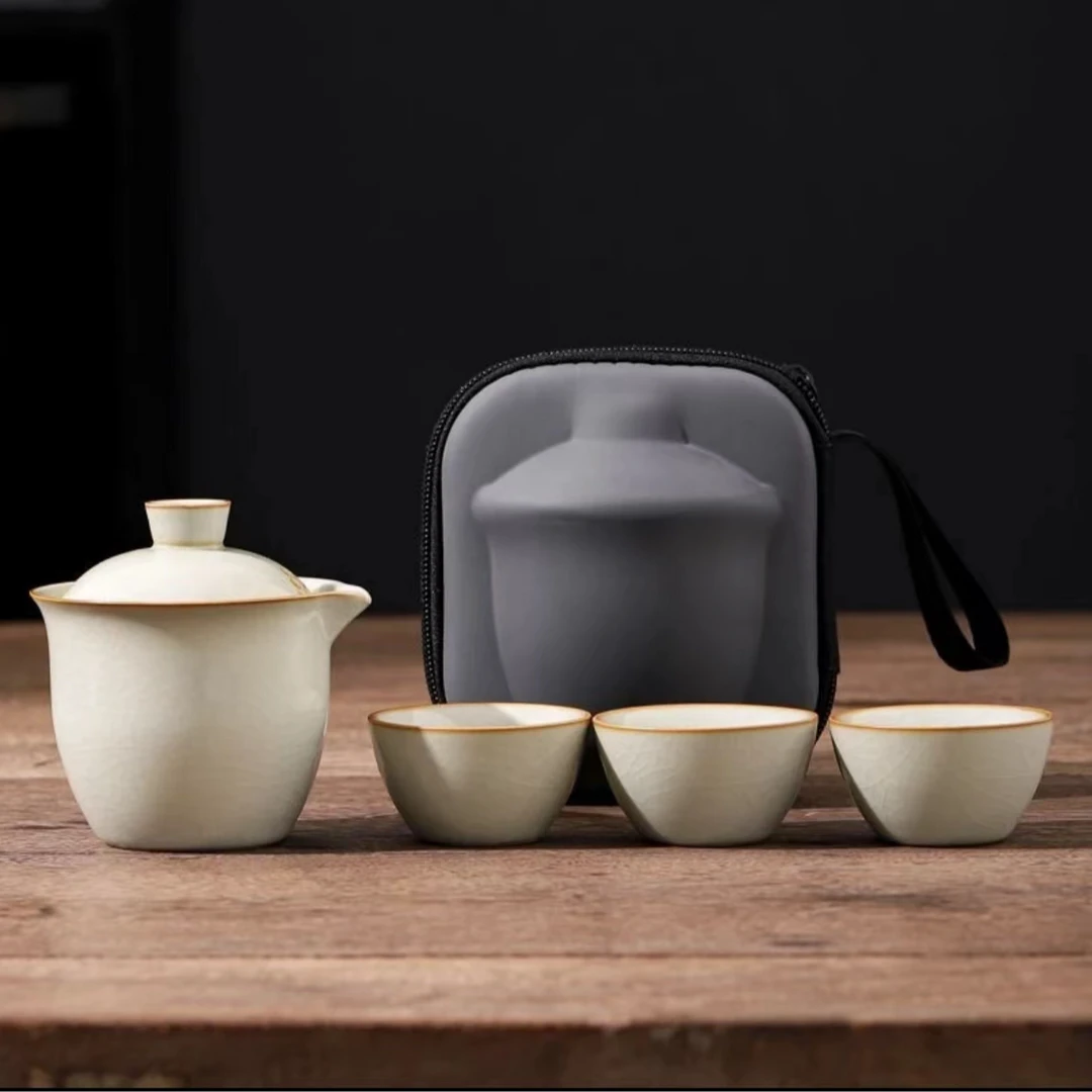 汝窑豆黄手抓壶+3杯+灰包 A011