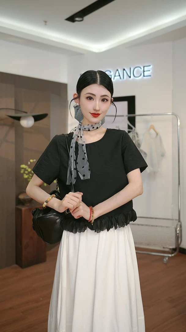 韩系背后绑带木耳边黑色上衣女减龄小个子系带显瘦小衫6257