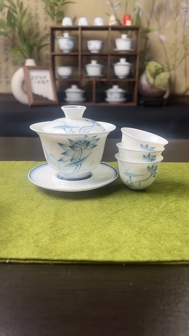 荷花盖碗+壶承+3客杯