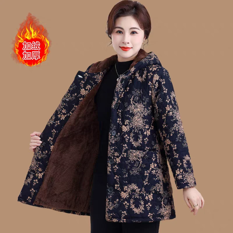 妈妈冬装加绒加厚保暖棉衣时尚新款中老年人女装宽松棉服连帽棉袄